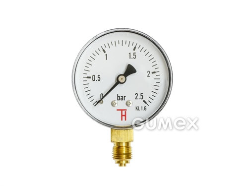 Manometer štandardný so spodným vývodom, priemer 63mm, vonkajší závit G 1/4", 0-2,5bar, trieda presnosti 1,6%, priezor akryl, púzdro oceľ, -40°C/+60°C
